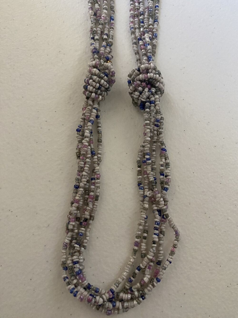 Beaded Necklace With Knots 6 Strand Blue Pink Ivory And Grey 35 Inchs